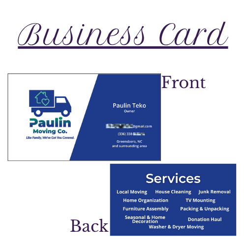 Front and back of custom business card design for Paulin Moving Co., featuring company logo, owner name, and list of moving and home organization services in blue and white palette.