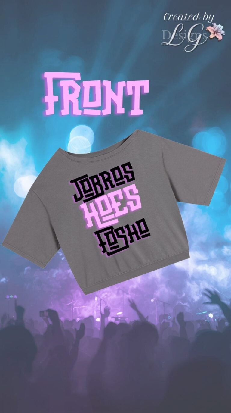 Jonas Brothers custom concert t-shirt front design with bold black and pink Y2K typography reading ‘Jobros Hoes Fosho’ on gray cropped tee.