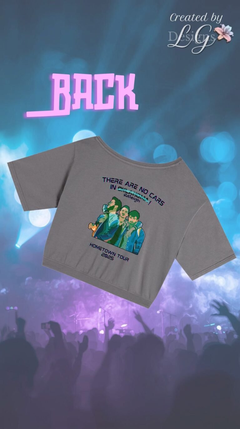 Custom Jonas Brothers concert t-shirt back design featuring colorful illustrated band graphic with text ‘There Are No Cars in Raleigh – Hometown Tour 2025’ on gray cropped tee.