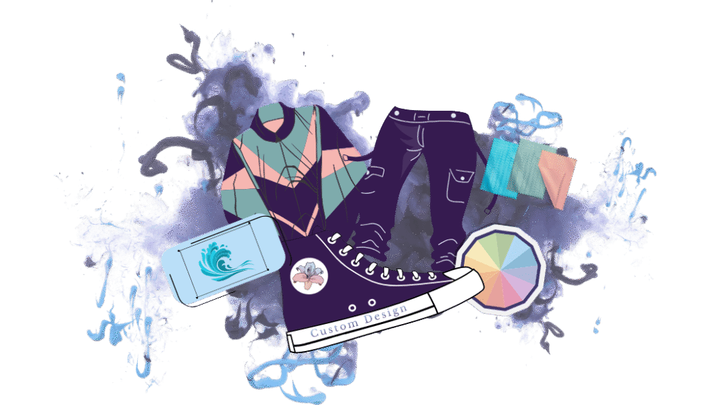 “Creative custom apparel illustration featuring sneakers, shirt design, fabric swatches, color wheel, and accessories with artistic paint splash background.”