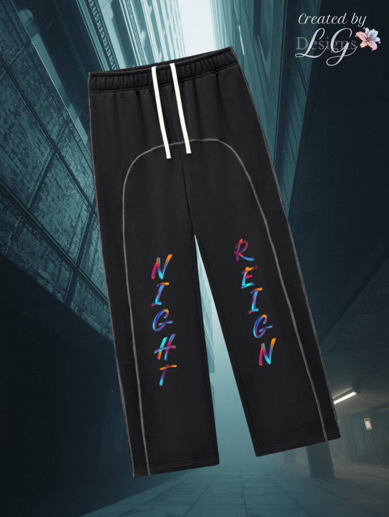 Custom typography on urban street wear sweatpants for night life