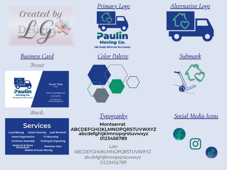Comprehensive branding package for Paulin Moving Co. featuring logo variations, color palette, typography, submark, business card design, and social media icons created by Lily Grace Designs.