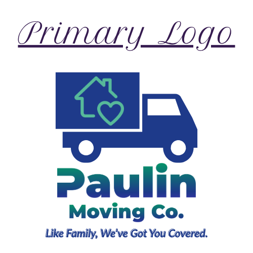 Primary logo for Paulin Moving Co. with moving truck illustration and tagline ‘Like Family, We’ve Got You Covered’ designed by Lily Grace Designs.