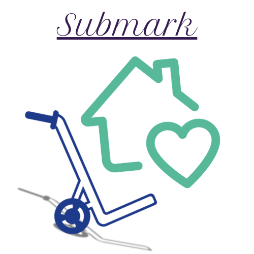 Submark for Paulin Moving Co. featuring minimalist house and heart symbol on a hand truck, representing care and home moving services.