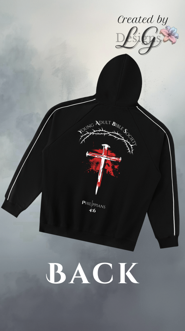 Black hoodie with red cross and nail illustration and crown of thorns design reading ‘Young Adult Bible Society – Philippians 4:6.