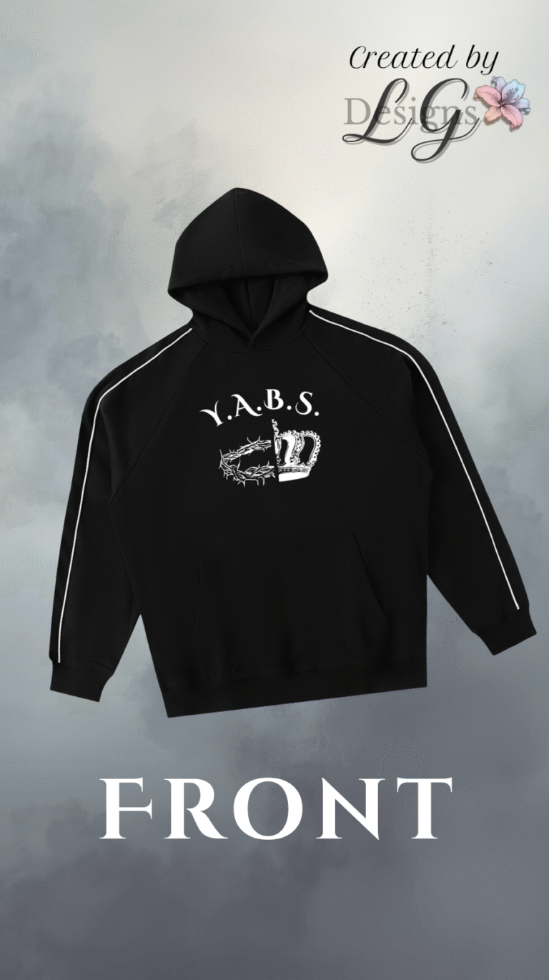 Black Y.A.B.S. hoodie with white crown and thorns emblem symbolizing faith and strength.