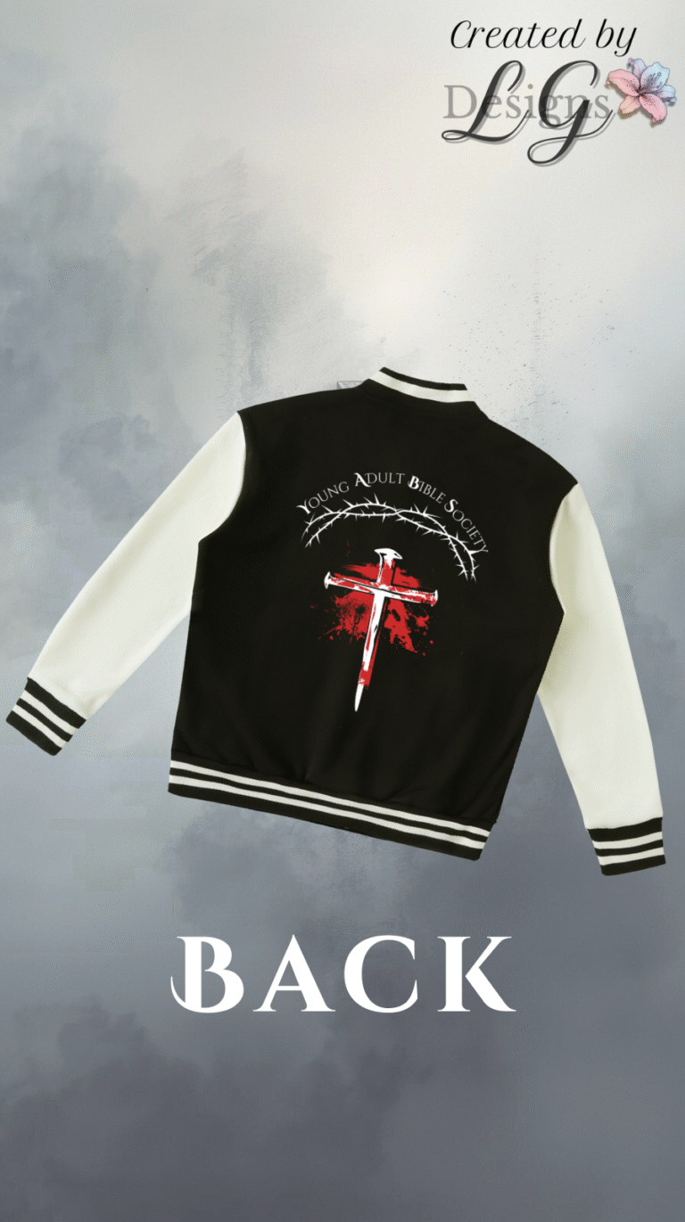 Custom Young Adult Bible Society jacket featuring red and white cross design with crown of thorns and scripture Philippians 4:6.