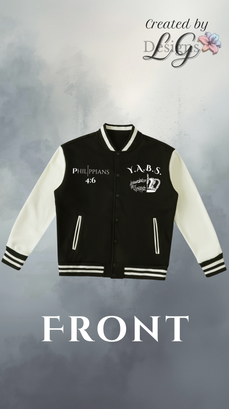 Black and white college-style letterman jacket with Y.A.B.S. logo and Philippians 4:6 verse on chest