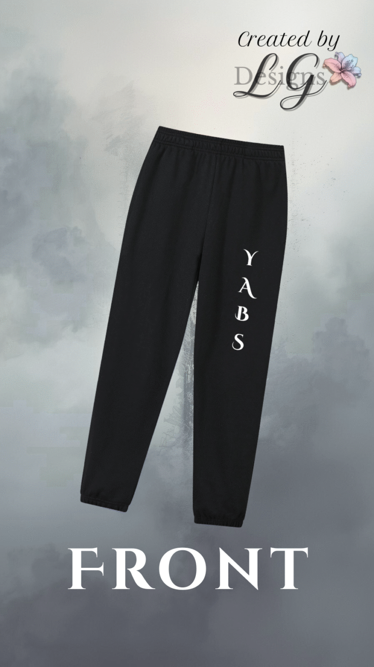 Black joggers with vertical Y.A.B.S. lettering on leg in white collegiate font.
