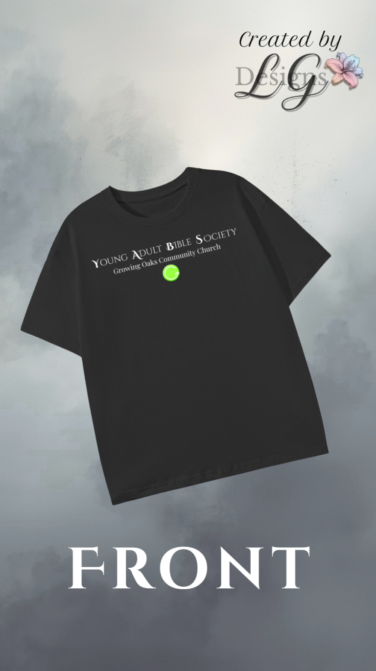 Black Young Adult Bible Society t-shirt with Growing Oaks Community Church logo and text.