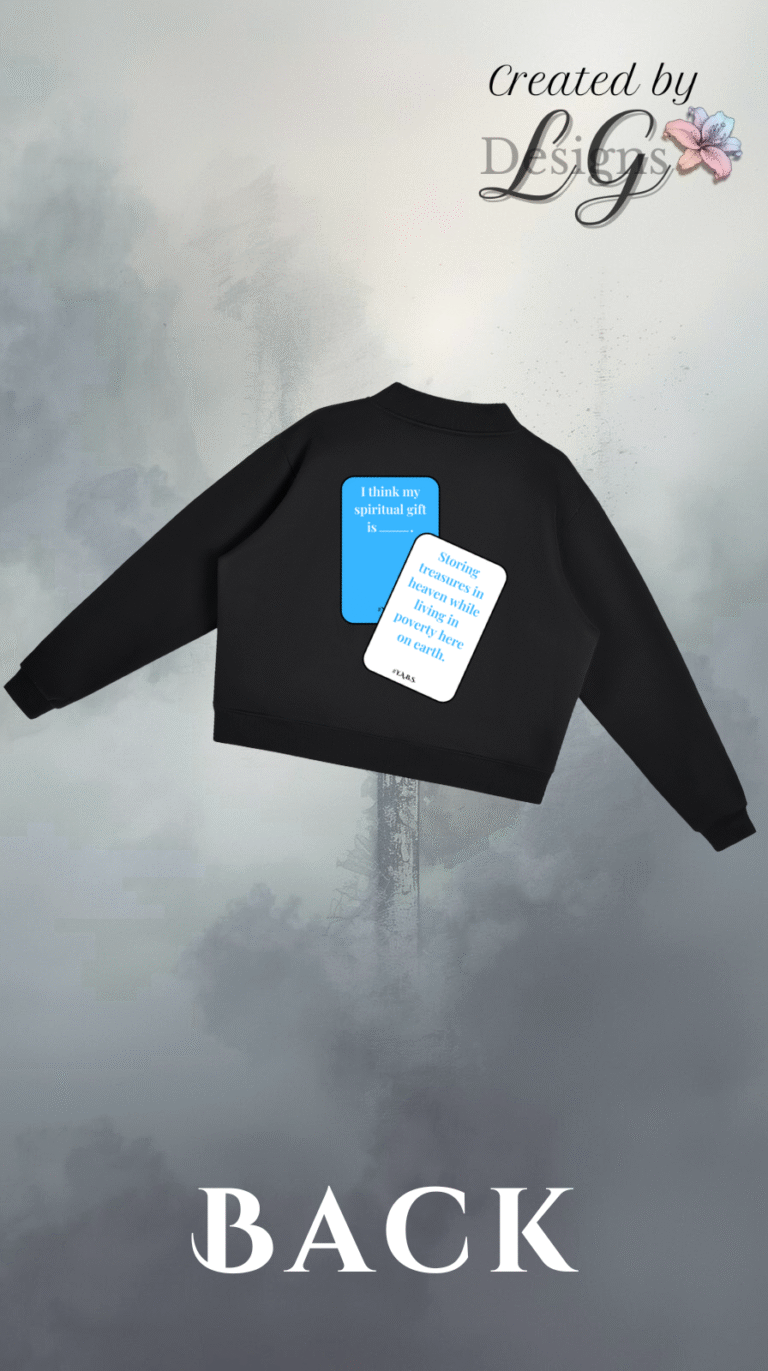 Black sweatshirt with blue and white Christian card illustrations featuring humorous faith-based quotes.