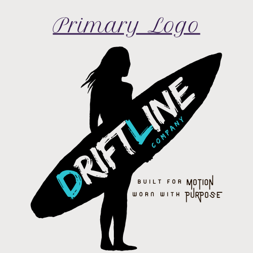 Primary logo for Driftline Co. featuring a female silhouette holding a surfboard with bold Driftline typography and the tagline “Built for Motion, Worn with Purpose.”