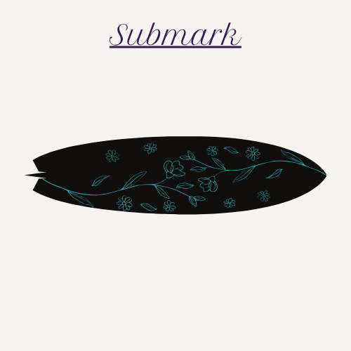 Driftline Co. submark design featuring a black surfboard with turquoise floral accents and flowing botanical details.