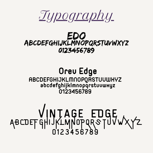 Driftline Co. typography suite featuring EDO, Orev Edge, and Vintage Edge fonts in black on a light background.