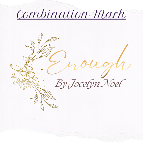 “Enough combination mark with floral illustration and gold script typography.”